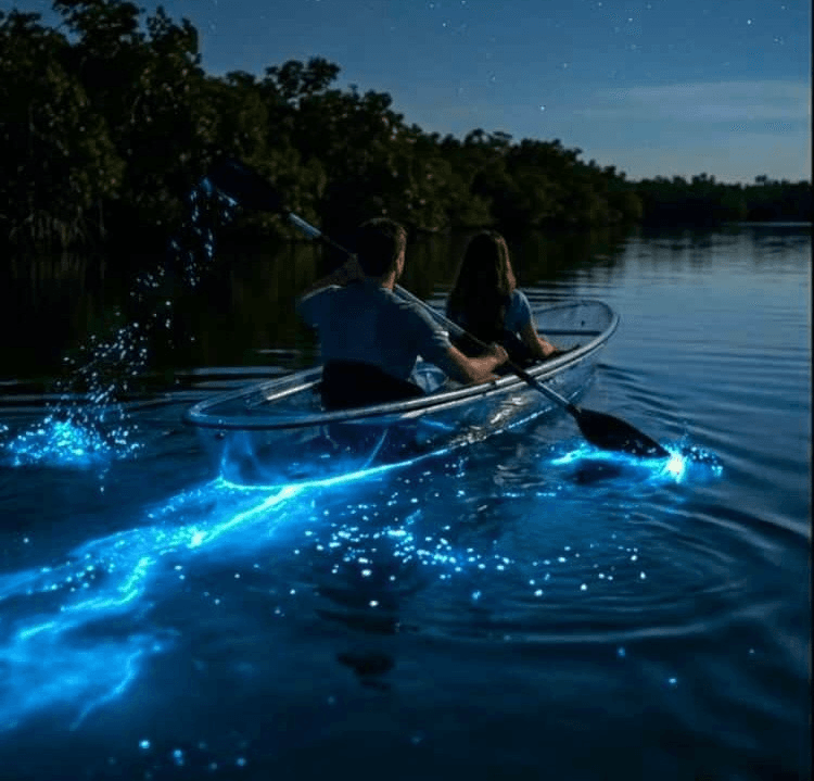 Couple kayaking through bioluminescent glowing water at night